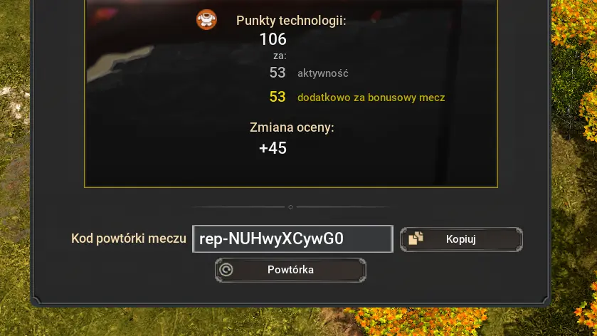 image showing pop up with replay code after the war selection game